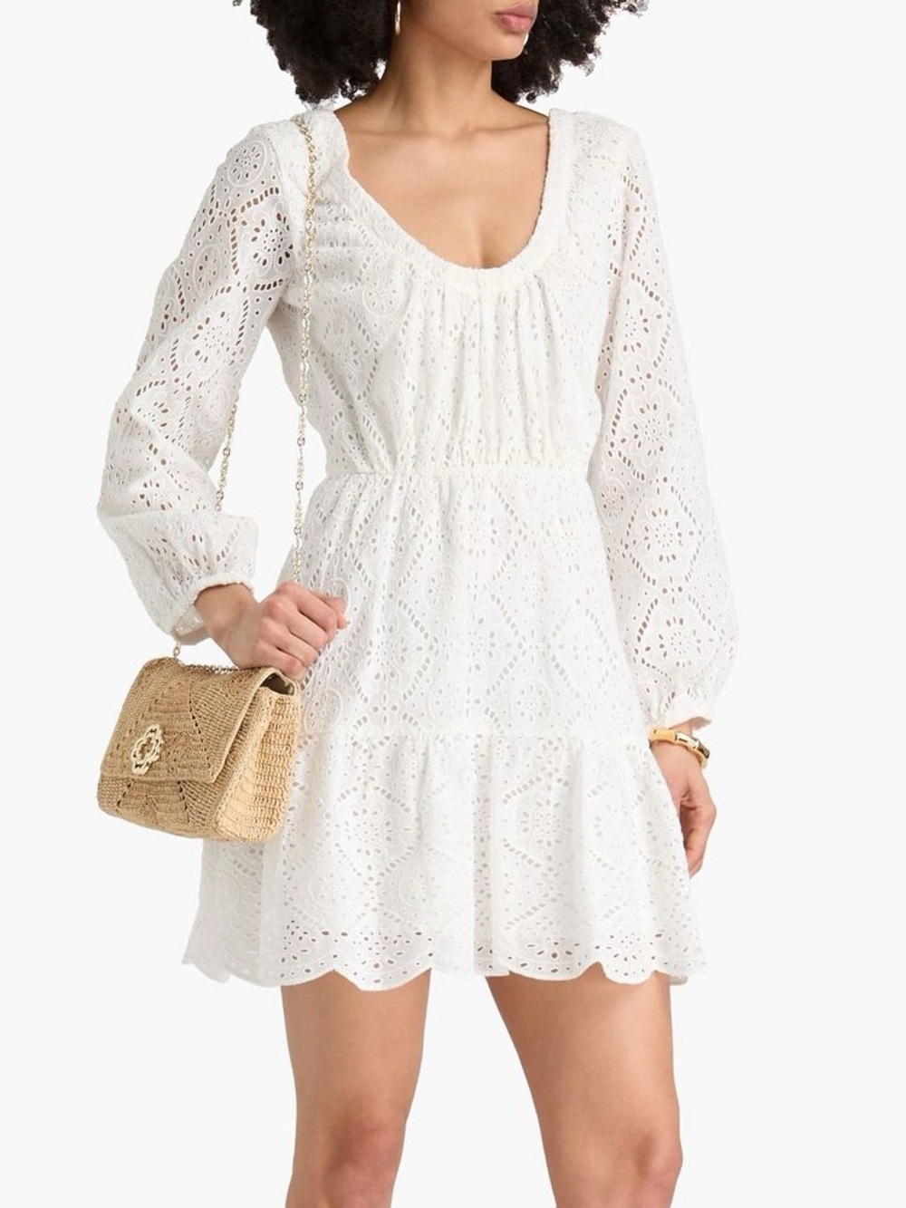 Veronica Beard Calibra Broderie Anglaise Cotton Mini Dress Long Sleeve White